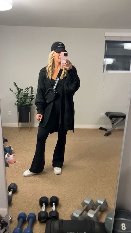 A new fave way to wear my lululemon flare leggings. This oversized cardigan fits so well (and has pockets) cute for a little off the shoulder look too. It naturally falls here and there giving it some sass. Nike sneakers, belt bag, Anine Bing hat. Mom style 

#LTKstyletip #LTKunder100 #LTKSeasonal