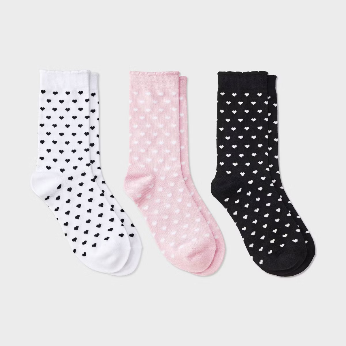 Women's Mini Hearts Scallop Cuff Valentine's Day 3pk Crew Socks - 4-10 | Target