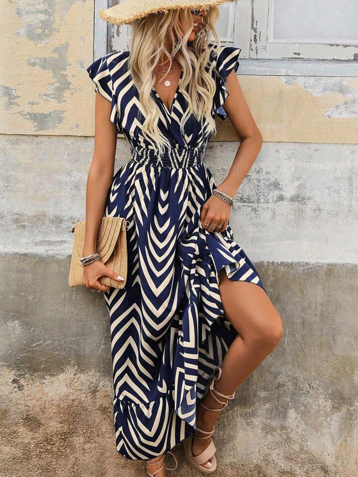SHEIN LUNE Women Summer Geometric Printed Short Sleeves Dress With Waist Tie And Long Hem | SHEIN