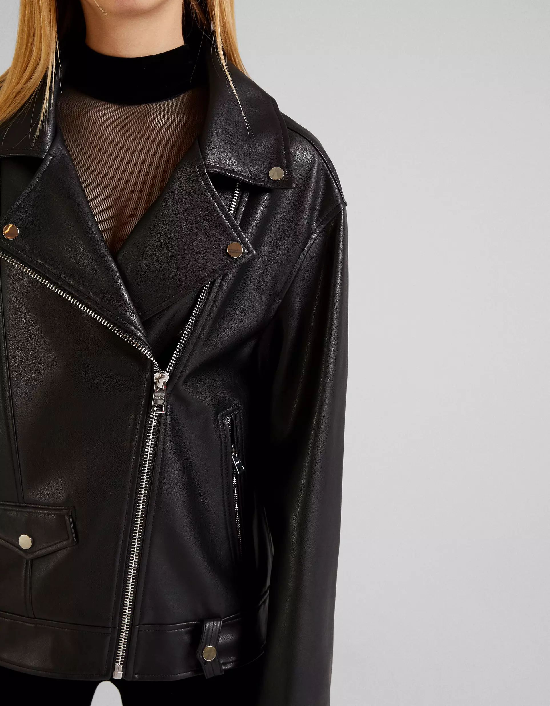Bershka oversized faux leather biker jacket in black | ASOS (Global)