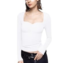 PUMIEY Women's Long Sleeve T Shirts Sweetheart Neck - Slim Fit Going Out Tops Sexy Basic Tee Smok... | Amazon (US)