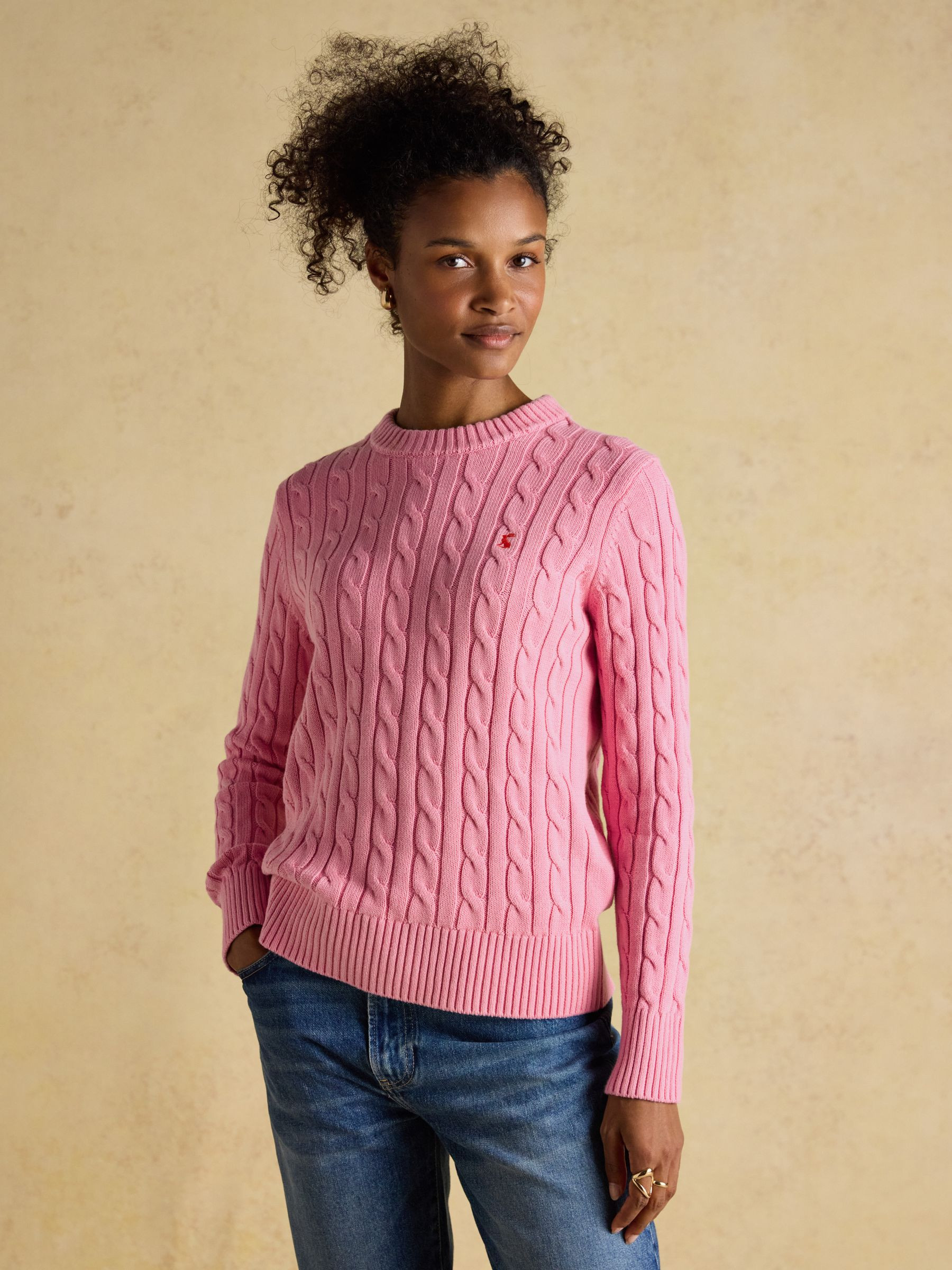 Classic Cable Pink Cotton Crew Neck Jumper | Joules | Joules