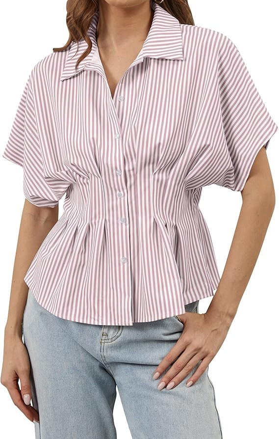 Women Casual Button Down Pleated Shirt Summer Short Sleeve Striped Print Peplum Blouses Business ... | Amazon (US)
