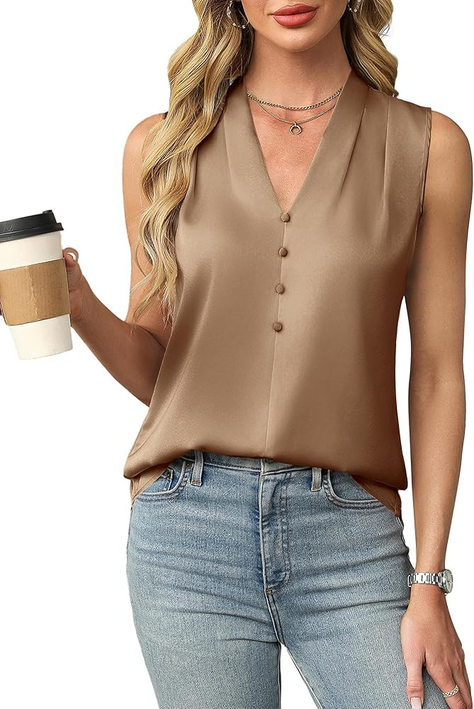 Blooming Jelly Womens Dressy Tank Tops Summer Sleeveless Work Blouses Silk Satin V Neck Shirts Bu... | Amazon (US)