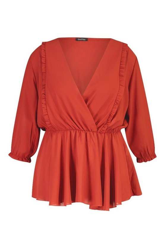 Plus Ruffle Detail Wrap Peplum Blouse | Boohoo.com (US & CA)