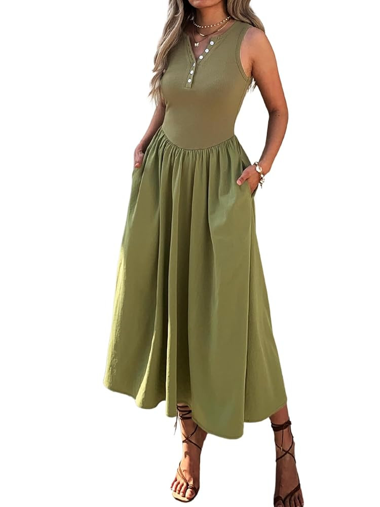 Women's Summer Casual Dresses Sleeveless Knitted V Neck Sundress Drop Waist A Line Long Maxi Dres... | Amazon (US)