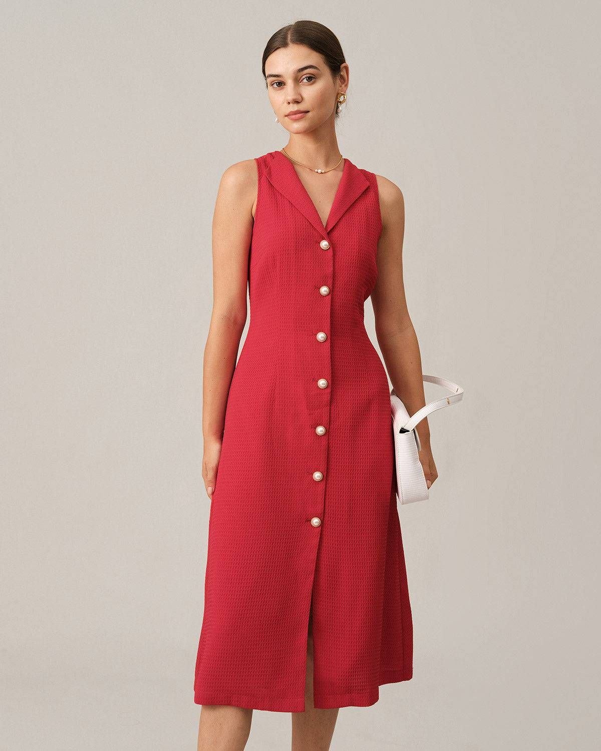 The Lapel Sleeveless Midi Dress & Reviews - Red - Dresses | RIHOAS | rihoas.com