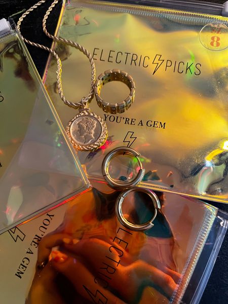 My new electric picks jewelry! Absolutely love it! Shown are the Ringo Hoops (not mini!), Avery Ring (I got an 8!), and Robbi necklace

#LTKunder100 #LTKunder50 #LTKSeasonal