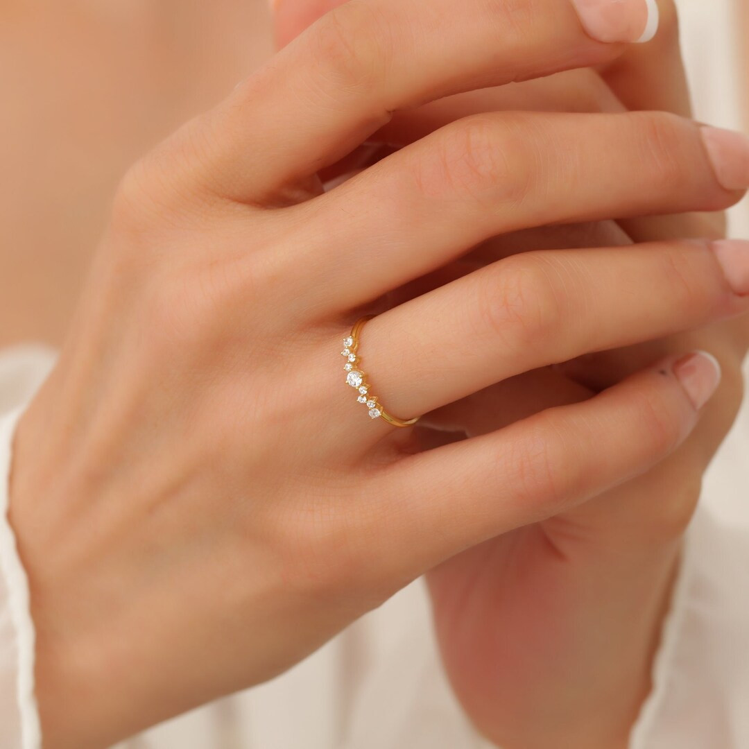 14k Cz Diamond Cluster Ring, Minimalist Cluster Ring, Dainty Cz Diamond Wedding Band, Real Gold D... | Etsy (US)