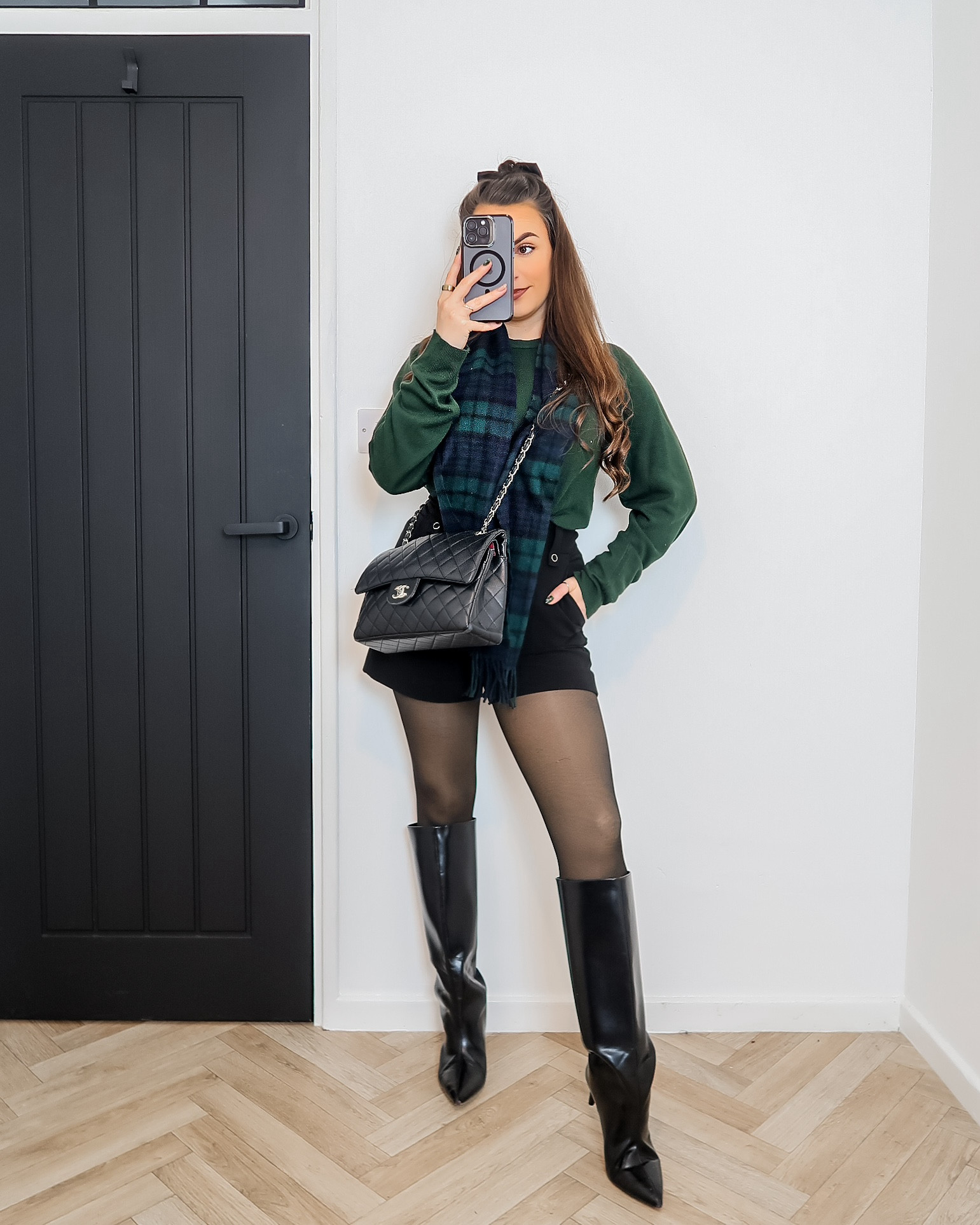 forest green knit, Christmas markets outfit, festive fashion, winter outfit inspo, black watch scarf, tailored shorts outfit, knee high boots style, UK fashion creator, Christmas aesthetic, cosy winter look, cold weather style, holiday style inspo, festive day out, chic winter outfit 

#LTKwinter #LTKuk #LTKfestive