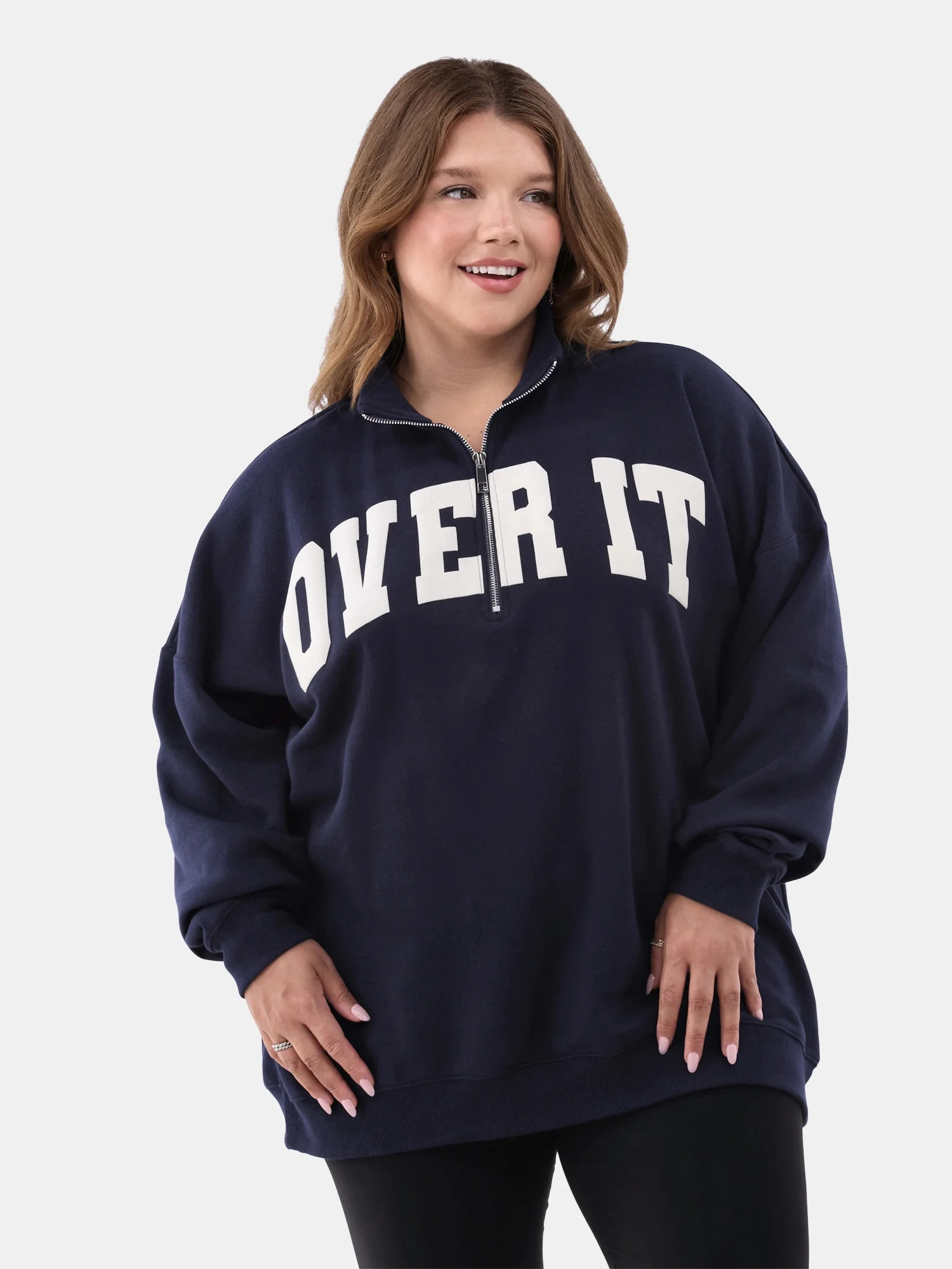 No Boundaries Quarter Zip Graphic Pullover Sweatshirt, Women's and Women's Plus | Walmart (US)