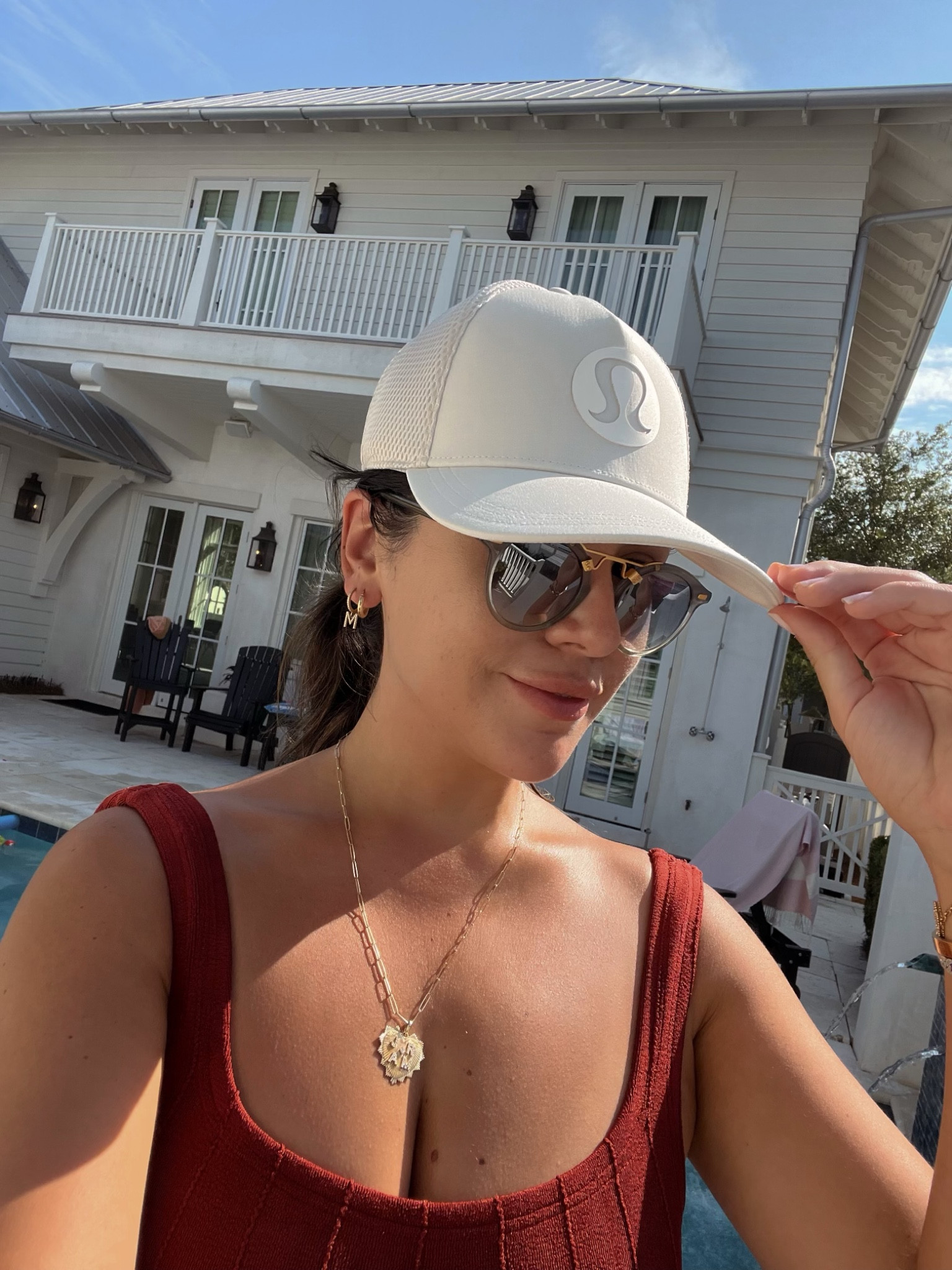 Pool look for today! Got this lululemon trucker hat and been loving it! Really protects my skin! 
Necklace is made by jeweler but linked similar 
Sunnies are Krewe! And my favorite frame! 

#LTKswim #LTKtravel