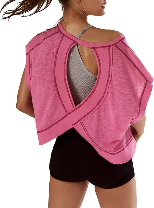 Kumufenc Women Short Sleeve Workout Shirts Open Back Tops Casual Yoga Y2k Athletic Gym Slouchy Crop Running Tees | Amazon (US)