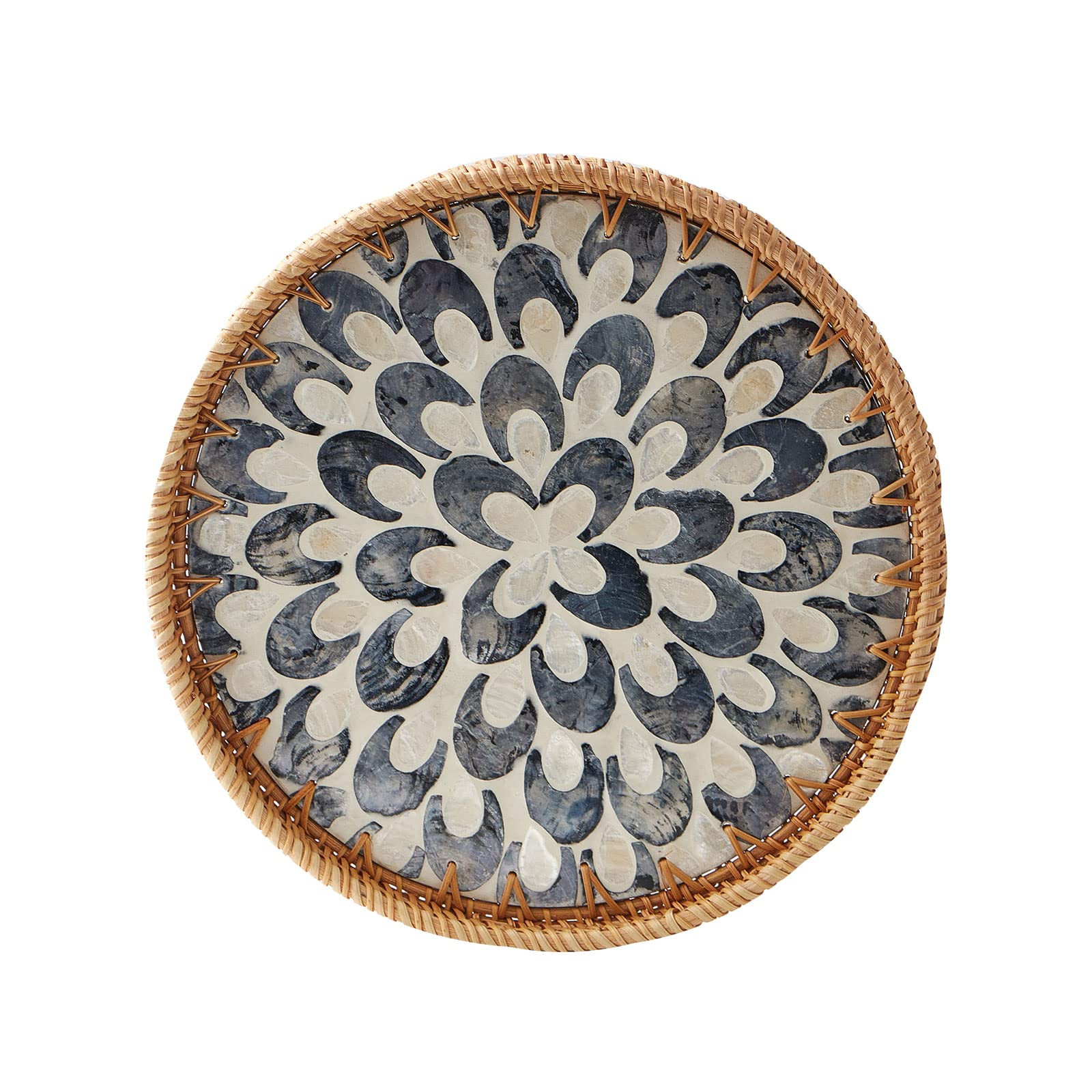 Round Rattan Tray with Mother of Pearl Inlay, Rattan Serving Tray with Wooden Base, Decorative Wi... | Amazon (US)