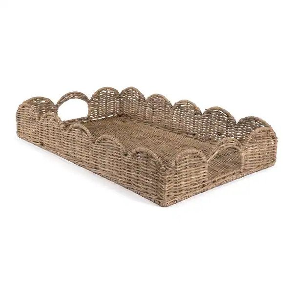 happimess Scalloped 21.5" Southwestern Cottage Hand-Woven Rattan Tray with Handles, Natural | Bed Bath & Beyond
