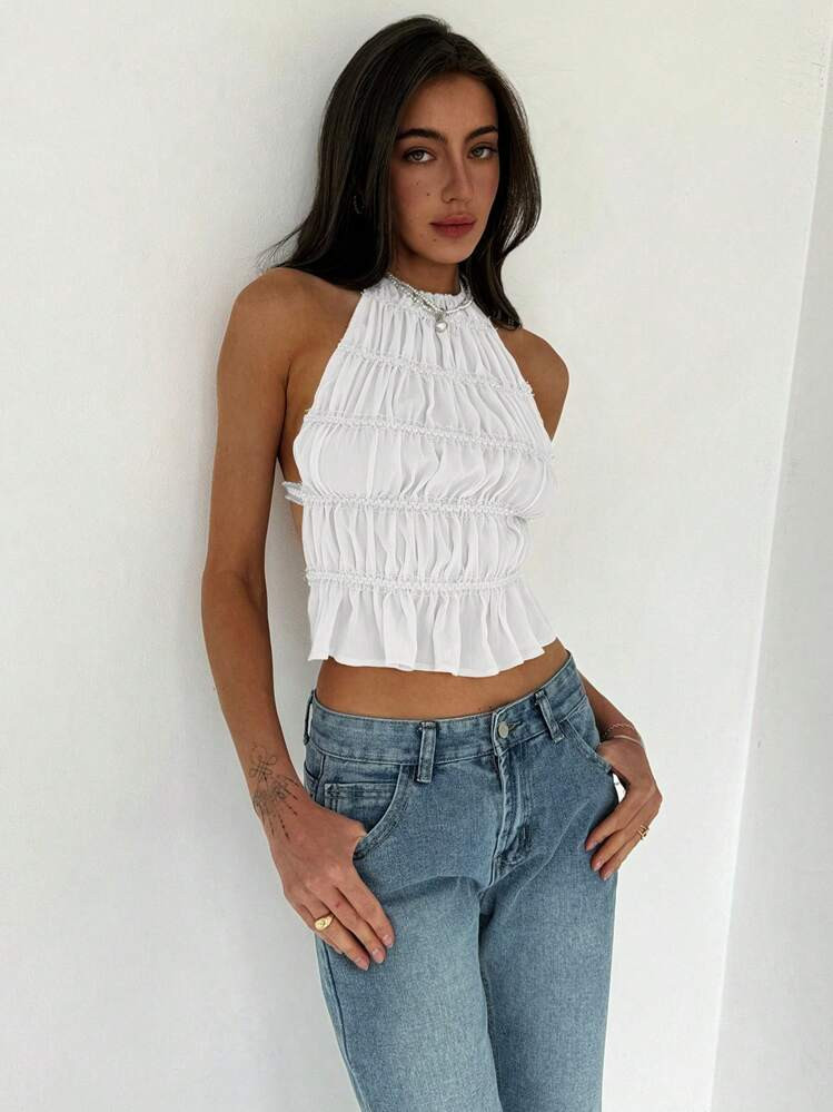Aloruh Halter Neck Adjustable Tie Front Ruched Layered Semi-Sheer Romantic Date Night Crop Going ... | SHEIN