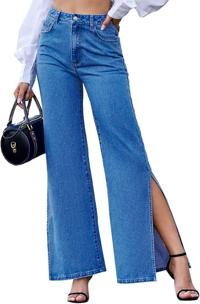Women's High Waisted Distressed Bell Split Hem Long Jeans Washed Boyfriend Denim Pants | Amazon (US)