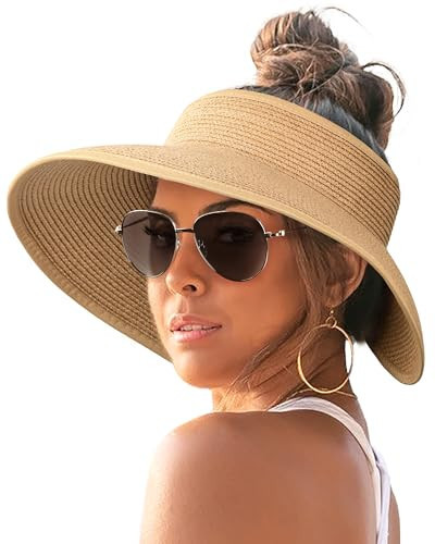 FURTALK Sun Visor Hats for Women Wide Brim Straw Ponytail Summer Beach Hat UV UPF Packable Foldable Travel Khaki | Amazon (US)
