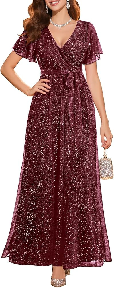 Pinup Fashion Formal Gowns and Evening Dresses - Glitter Prom V Neck Flutter Sleeve A-line Long D... | Amazon (US)