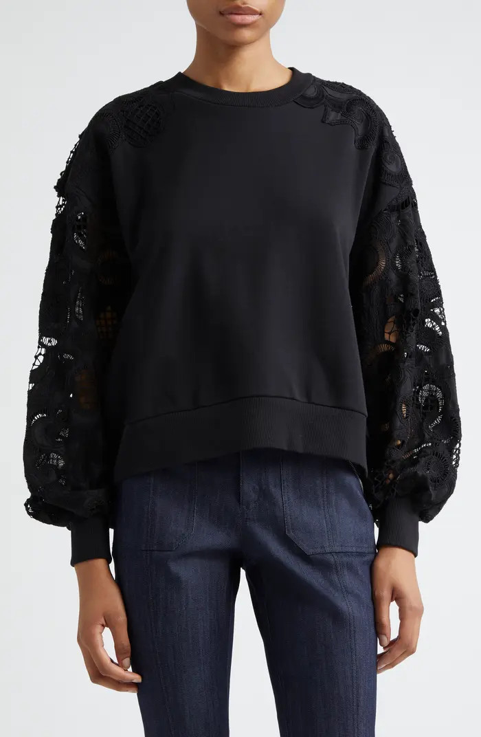 Cinq à Sept Lace Sleeve Cotton Sweatshirt | Nordstrom | Nordstrom