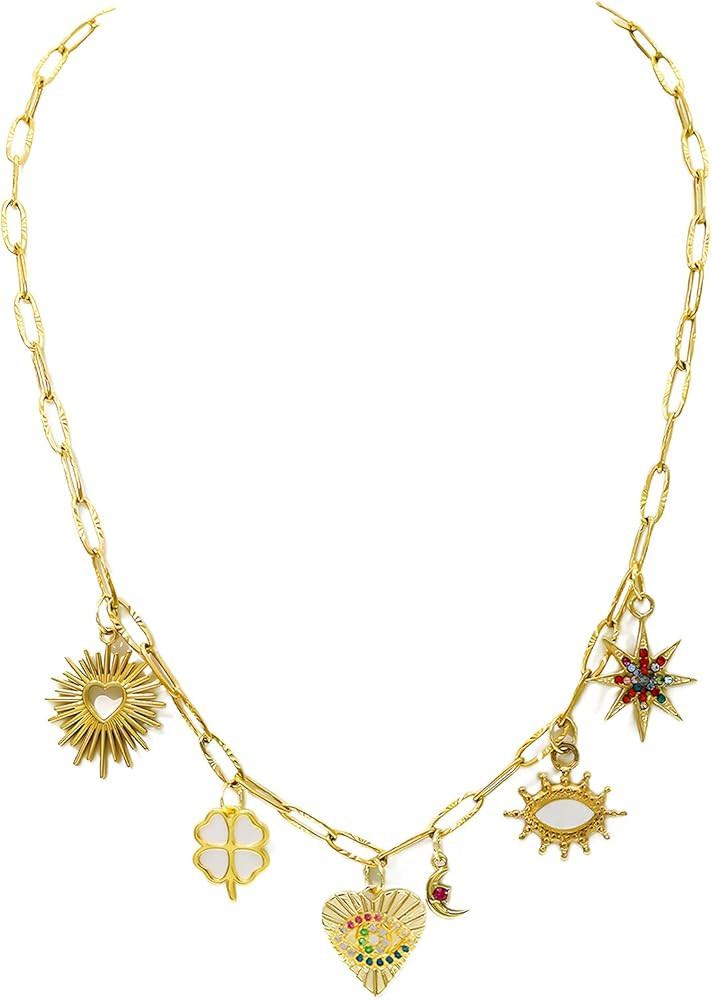 JNF 18K Gold Paperclip Chain Charm necklace for women Crystal Rhinestone Coins Beach Strawberry F... | Amazon (US)