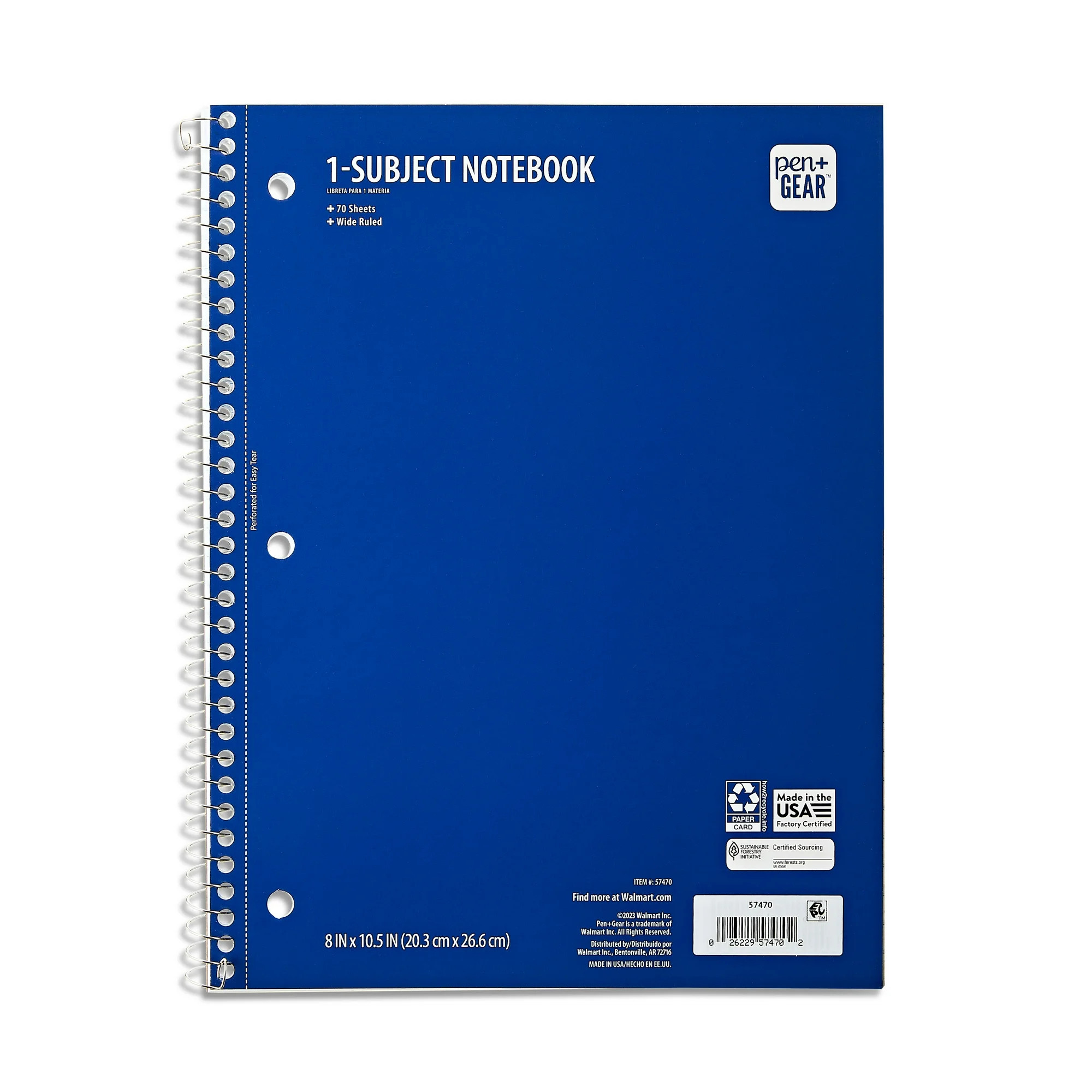 Pen+Gear Wide Ruled 1-Subject Notebook, 8" x 10.5", Blue, 70 Sheets | Walmart (US)