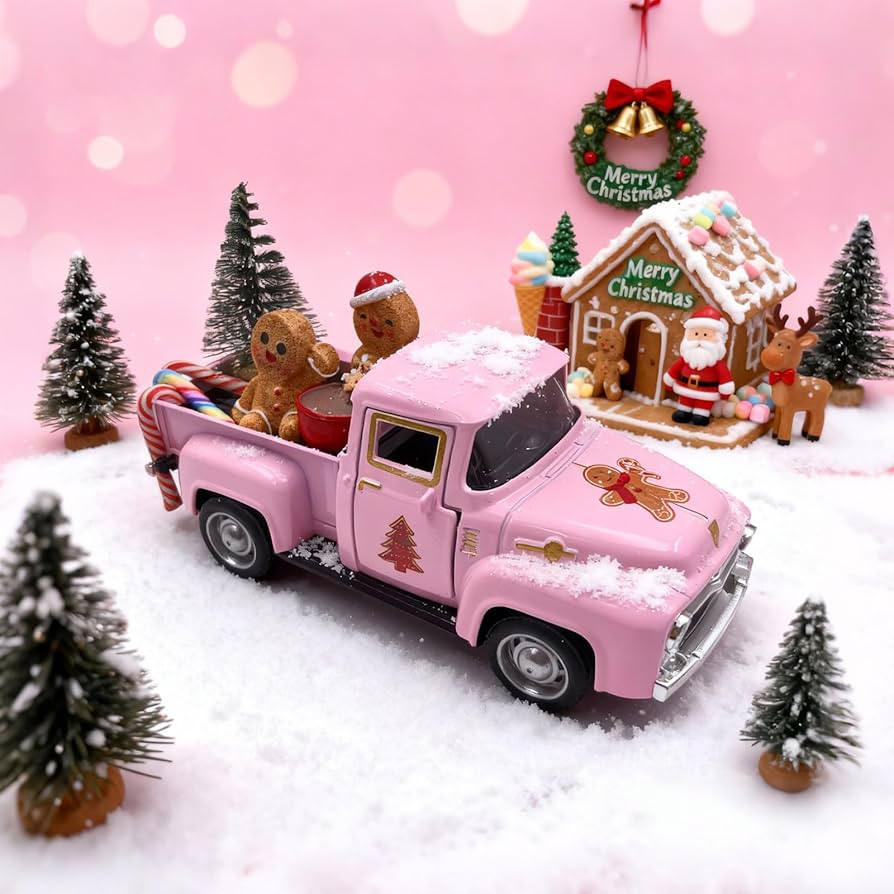 Pink Gingerbread Christmas Decor Vintage Farmhouse Metal Truck with Mini Xmas Tree Gingerbread Ma... | Amazon (US)