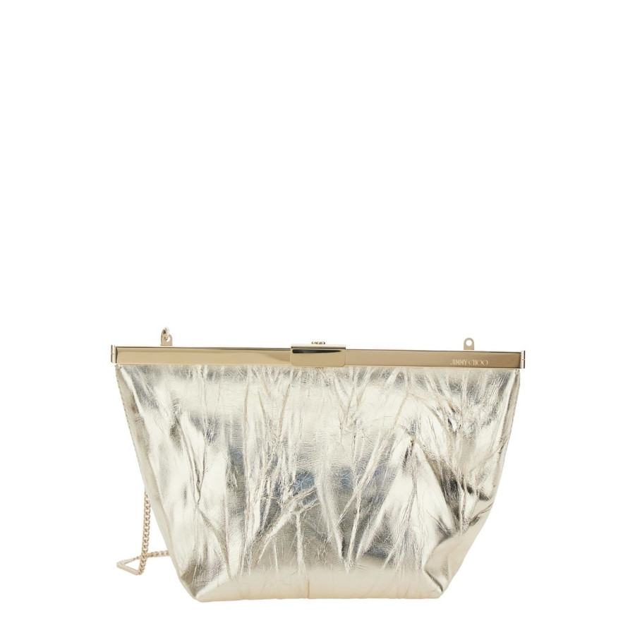 Jimmy Choo Ganache Metallic Clutch With Chain-Link Shoulder Strap And Clasp Closure In Leather | Jomashop.com & JomaDeals.com