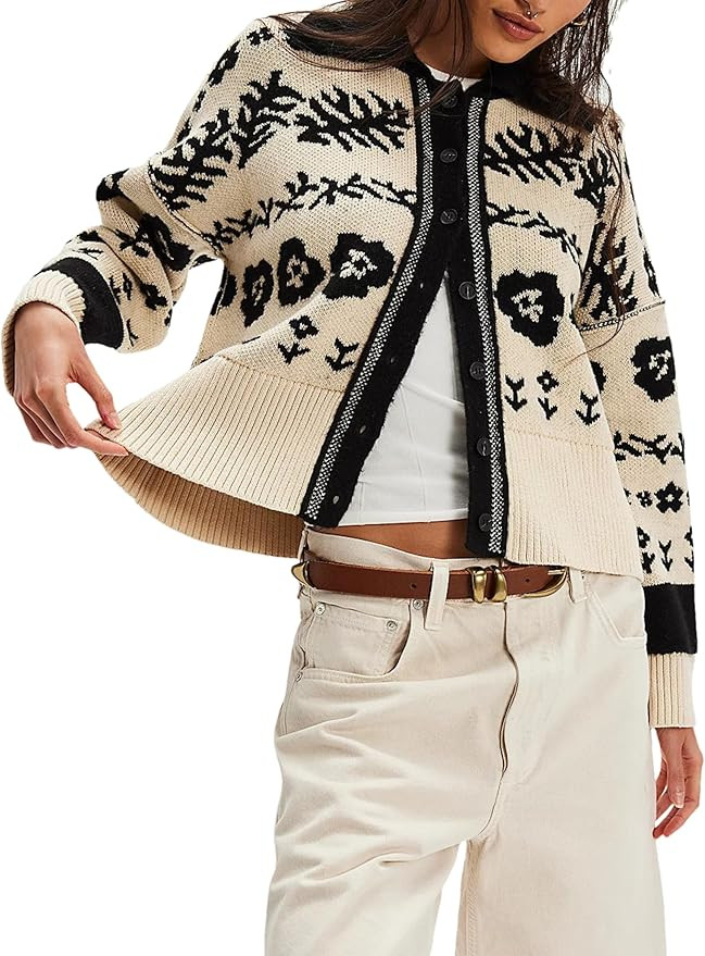 Womens Floral Long Sleeve Sweater Lapel Button Down Fall Winter Chunky Knit Cardigan Outerwear | Amazon (US)