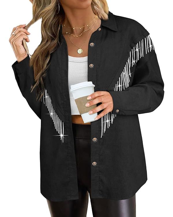 MYMORE Women's Sparkly Rhinestone Fringe Shacket Jacket Waffle Glitter Tassel Shirt Western Cowgi... | Amazon (US)