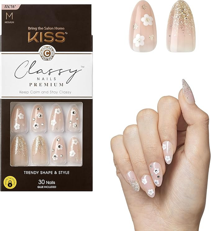 KISS Classy Nails Premium, Press-On Nails, Nail glue included, 'Gleamin', White, Medium Size, Alm... | Amazon (US)