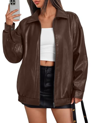 Trendy Queen Womens Leather Jacket, Oversized Going Out & Everyday Statement Piece, Bomber Jacktes Moto Coat Brown L | Amazon (US)