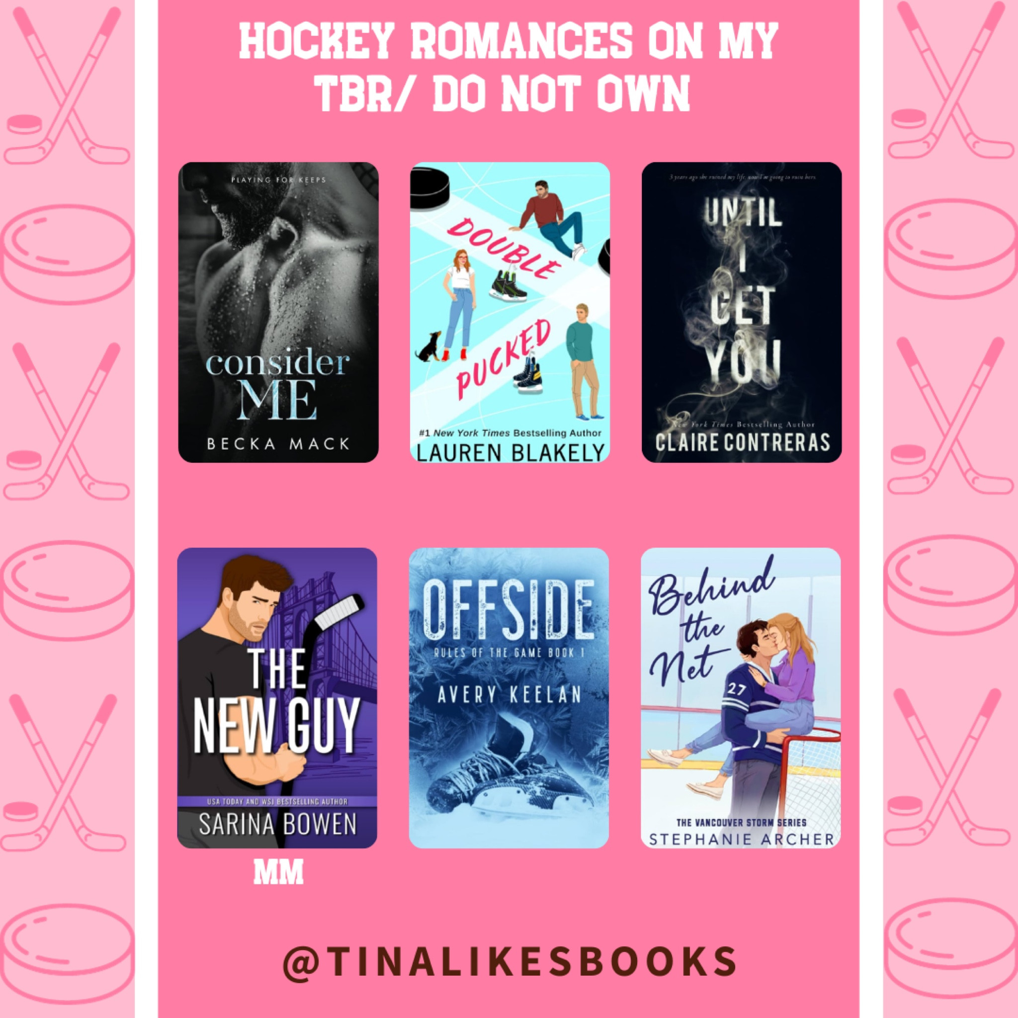 Here are some hockey romance books that you need to add to your TBR:

◾️Consider Me by @beckamack.author
◾️Double Pucked by @laurenblakelybooks
◾️Until I Get You by @clairecontreras
◾️The New Guy by @sarina.bowen
◾️Offside by @averykeelan
◾️Behind the Net by @stephaniearcherauthor

❓Have you read any of these yet? For my NHL fans, who are you cheering on this hockey season? 
.
.
.
.

#tinalikesbooks #bookstagram #booksbooksbooks #bookstagrammer #booktok #bookinfluencer #bookfluencer #bookreviews #bookreviewer #romancebooklover #bookaesthetic #pinkaesthetic #LTKbooks #hockeyromance #sportsromance #nhl #TBR #tbrbooks #puckbunny #puckbunnies #hockeybooks #romancetropes #booksforyourtbr #tbrlist #pucklove #icehockeyromance #hockeylovers #NHL #nationalhockeyleague

#LTKHolidaySale #LTKsalealert #LTKGiftGuide