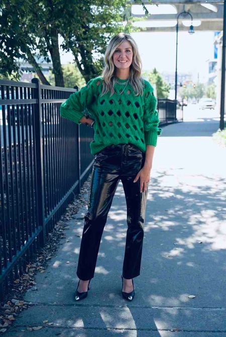 This open stitch green sweater is on sale today!  As are the fabulous patent leather pants….  Holiday party ready 🌟🌟

#LTKsalealert #LTKCyberWeek #LTKHoliday