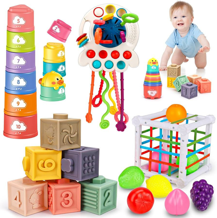 Montessori Baby Toys 6-12-18 Months, Infant Pull String Stacking Cups Shape Sorter Blocks Toy 6 7... | Amazon (US)