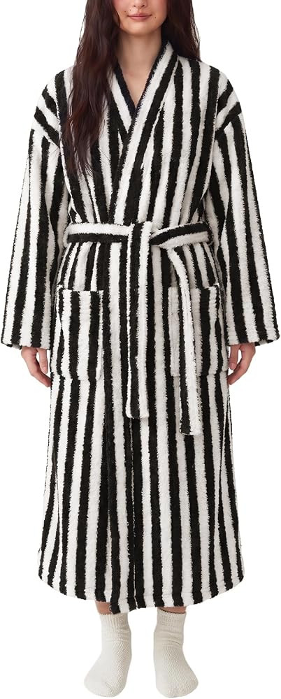 Ainangua Womens Fluffy Striped Robe Belted Cozy Plush Bathrobes Winter Robe | Amazon (US)