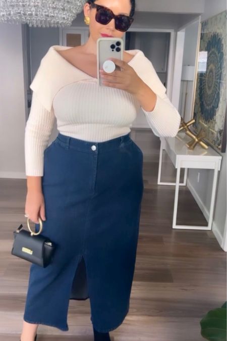 Off shoulder sweater, denim maxi skirt, wristlet bag. Wearing 14 in the skirt, 14/16 in the sweater (everything runs true to size).

Fall outfit, denim skirt, maxi skirt, off shoulder sweater, curvy, plus size, Eloquii 

#LTKfindsunder50 #LTKplussize #LTKmidsize