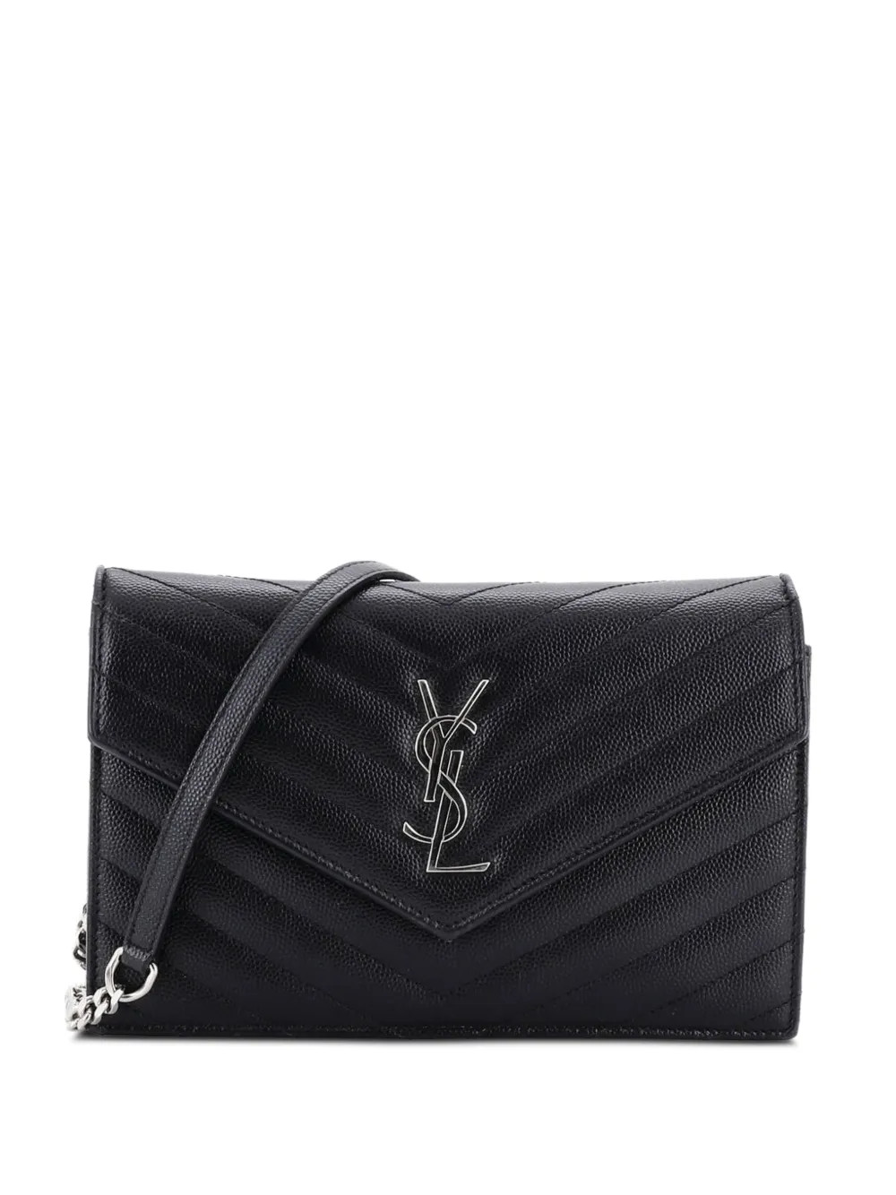 Saint Laurent Pre-Owned Classic Monogram Wallet on Chain Matelasse Chevron Leather Small crossbody bag - Black | Farfetch Global
