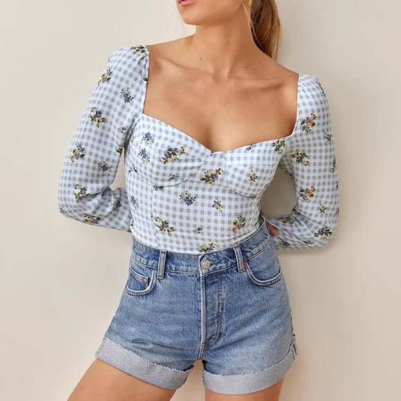 NWT Reformation Gingham Blue Reign Top sz8 | Poshmark