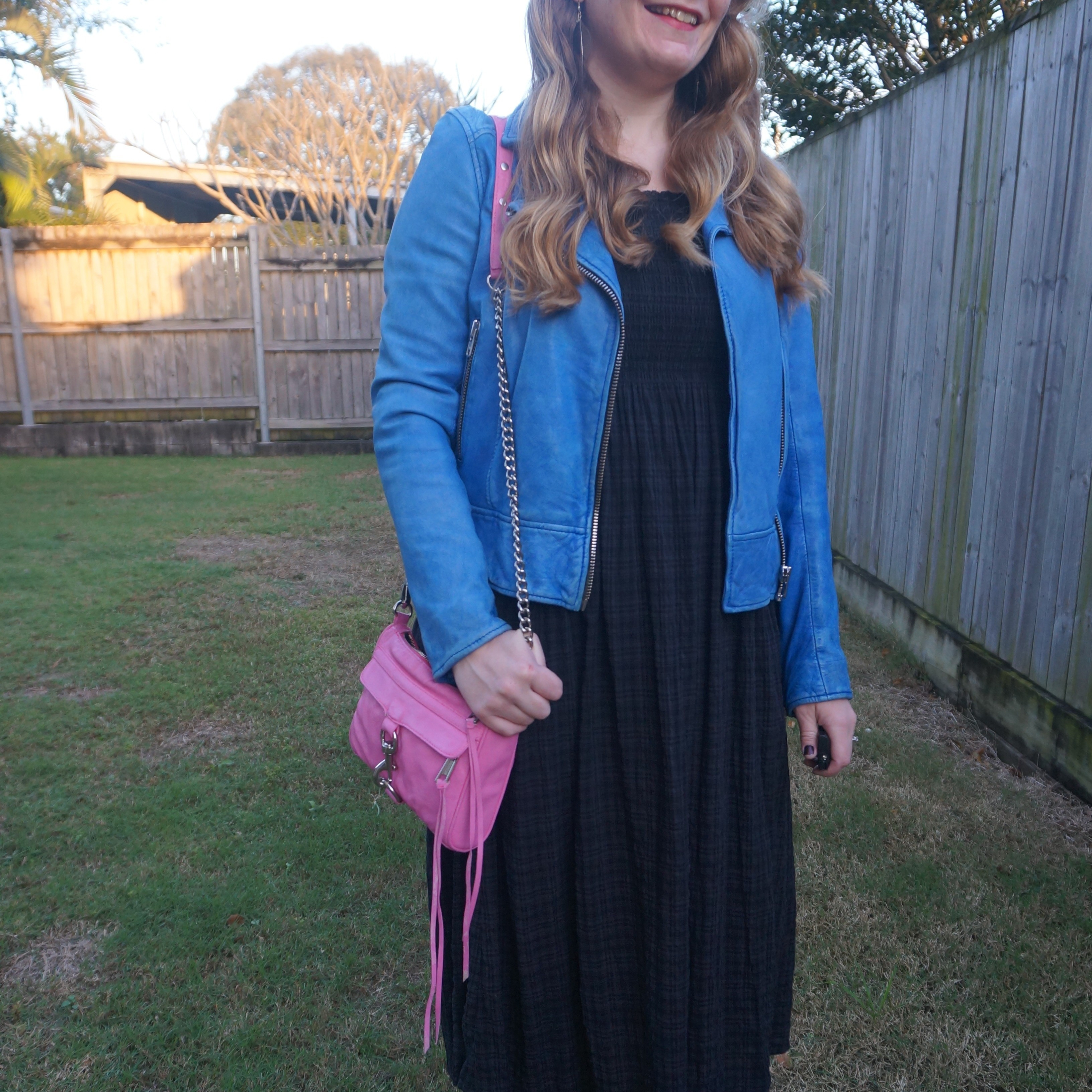 Shirred black tartan midi dress with blue leather jacket and pink Rebecca Minkoff mini MAC bag 💙💕

#LTKbag #LTKworkwear #LTKspring