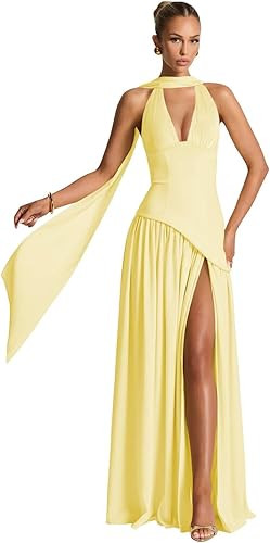 Long Chiffon Halter Bridesmaid Dresses with Scarf A-Line Corset Prom Evening Party Dress with Sli... | Amazon (US)