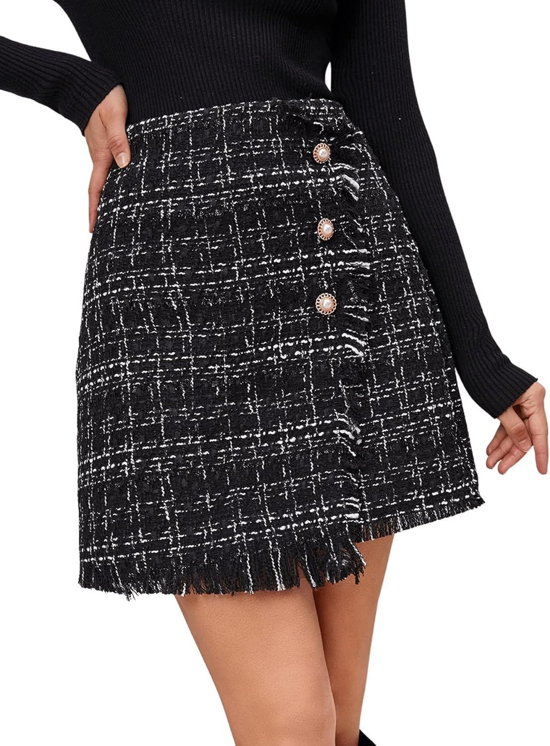 SweatyRocks Women's Elegant High Waisted Plaid Skirt Button Front Raw Trim Tweed Mini Skirts | Amazon (US)