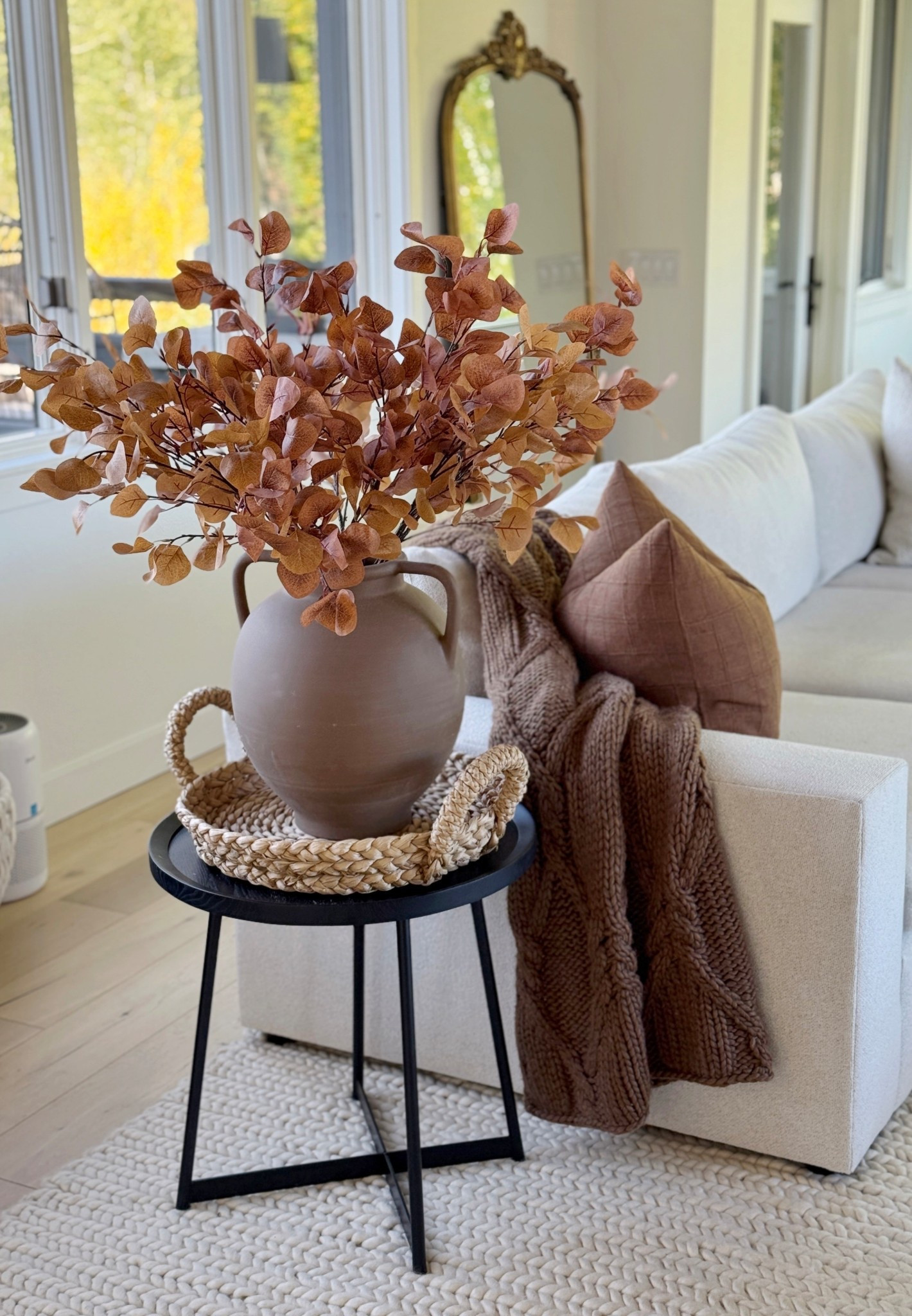 Fall living room decor: brown knit blanket, linen pillow cover, eucalyptus stems🤎🤎 Target and Amazon finds!

Home 
Sectional
Side table 

#LTKHome #LTKFindsUnder50 #LTKSeasonal