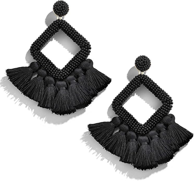 Women's Beaded Tassel Earrings Statement Fringe Drop Bohemian Chandelier Earrings Geometric Dangl... | Amazon (US)