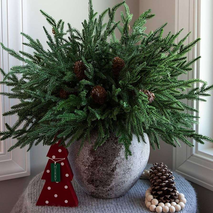 12PCS Christmas Norfolk Pine Stems, Real Touch 17 Inches Artificial Norfolk Pine Branches with 5 ... | Amazon (US)