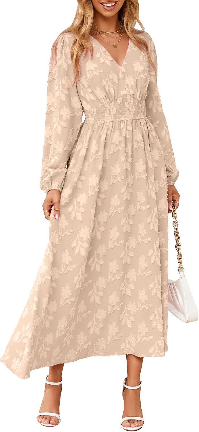 Simplee Womens Boho Floral Long Sleeve Maxi Dress V Neck Empire Waist Fall Wedding Guest Dresses with Pockets | Amazon (US)