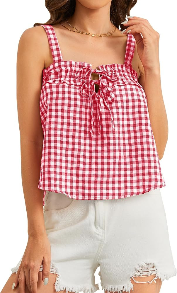 MISSACTIVER Plaid Tie Front Crop Tank Tops for Women Cute Sleeveless Gingham Camisole Square Neck... | Amazon (US)