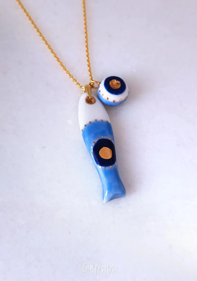 Porcelain Sardine Fish With Evileye Charm, Handmade Jewelry, Good Luck Charm, Navy Blue Necklace,... | Etsy (Global)