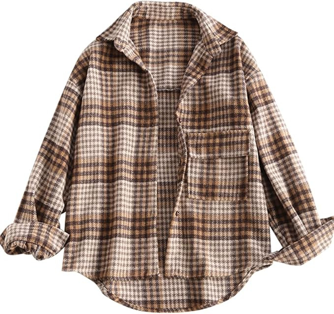 ZAFUL Women's Plaid Long Sleeve Shirt Button Down Thin Jacket Casual Flannel Plaid Shacket with P... | Amazon (US)