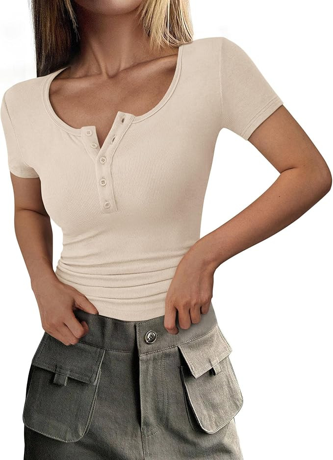 PRETTYGARDEN Womens 2026 Summer Short Sleeve Tops Ribbed Henley Button Slim Fit Basic Casual T Sh... | Amazon (US)